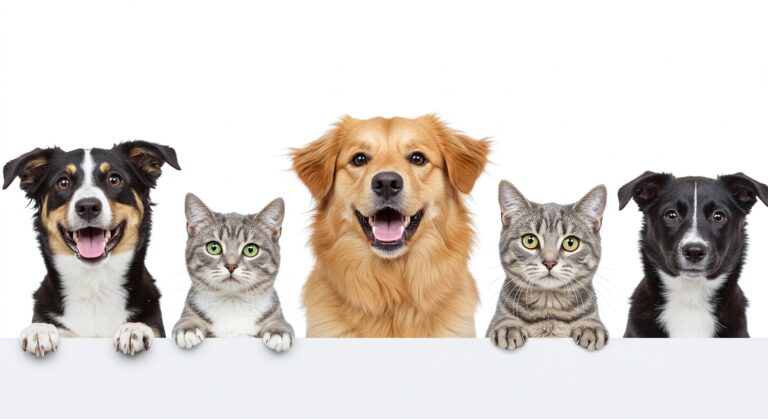 Five,Happy,Pets,Two,Dogs,And,Two,Cats,Sit,Behind